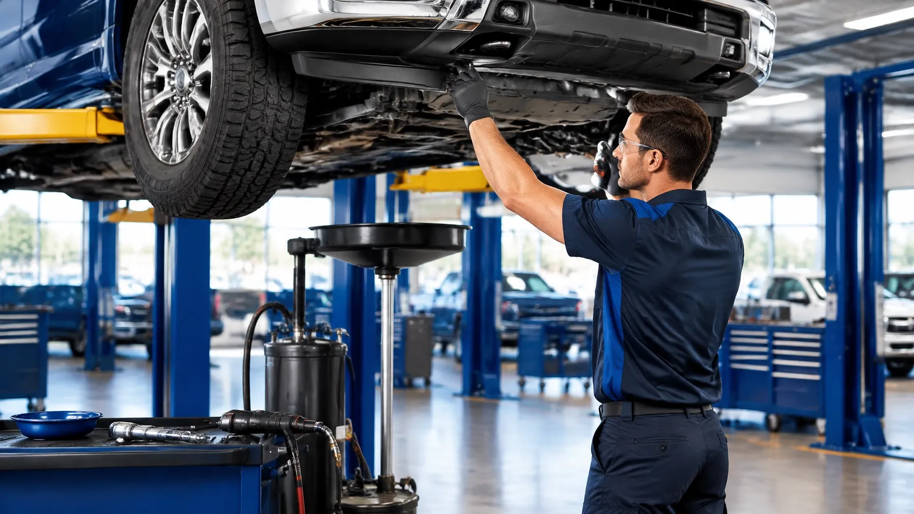 Automotive technician at work in a vehicle service bay
